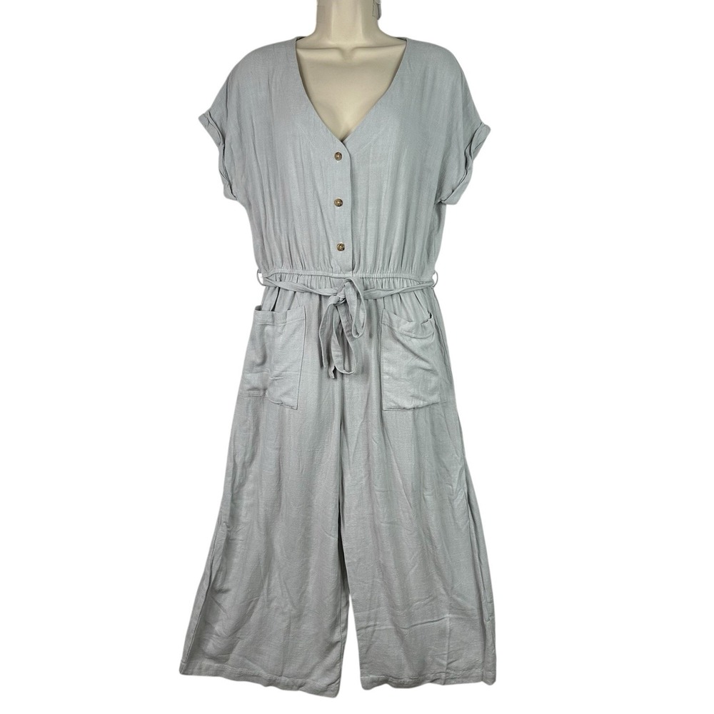 Grade & Gather Linen Blend Jumpsuit Womens Sage Gray Wide Leg Tie Waist Boho